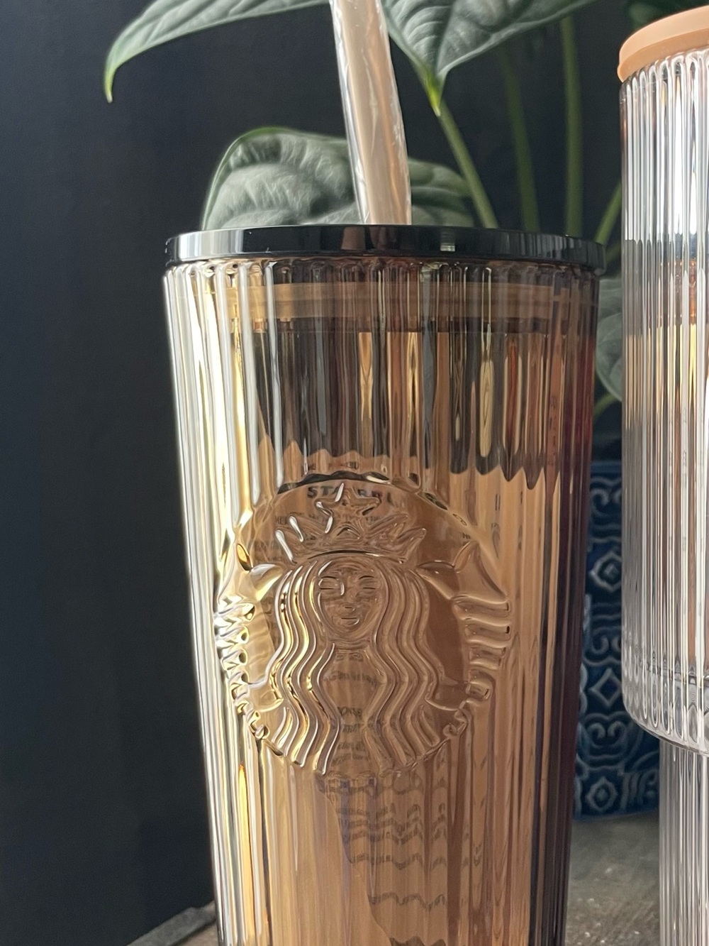 Starbucks Amber Ribbed Tumbler with Straw and Logo